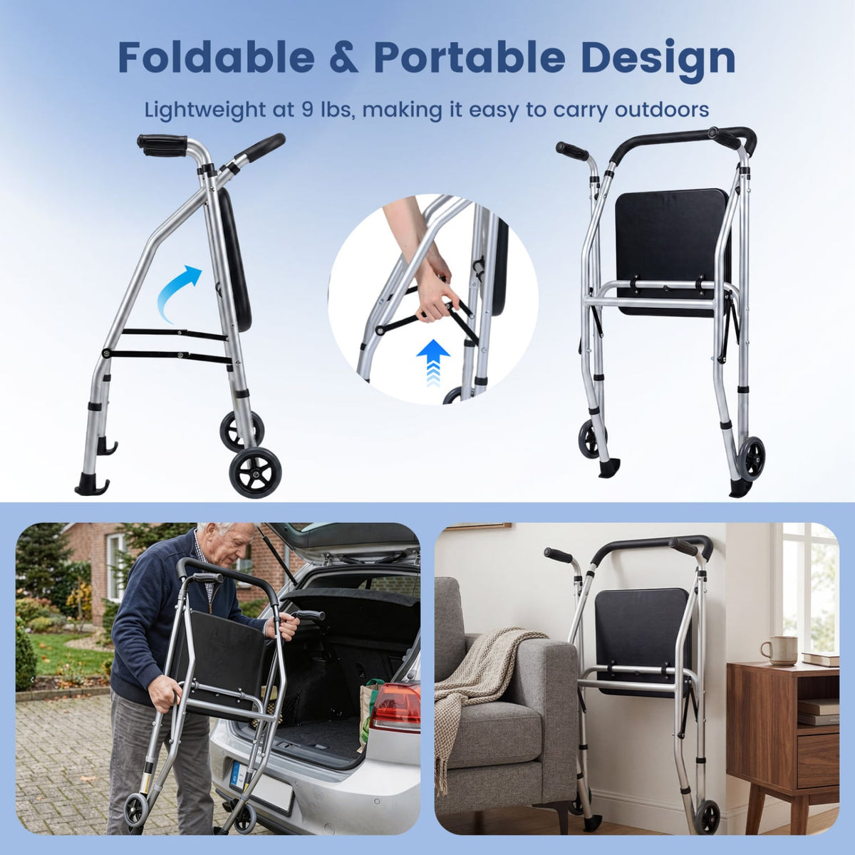 Lightweight Aluminum Mobility Walker for Seniors with 2 Wheels 5-Level Adjustable Height and Padded Seat-Sliver view 5