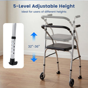 Lightweight Aluminum Mobility Walker for Seniors with 2 Wheels 5-Level Adjustable Height and Padded Seat-Sliver view 6