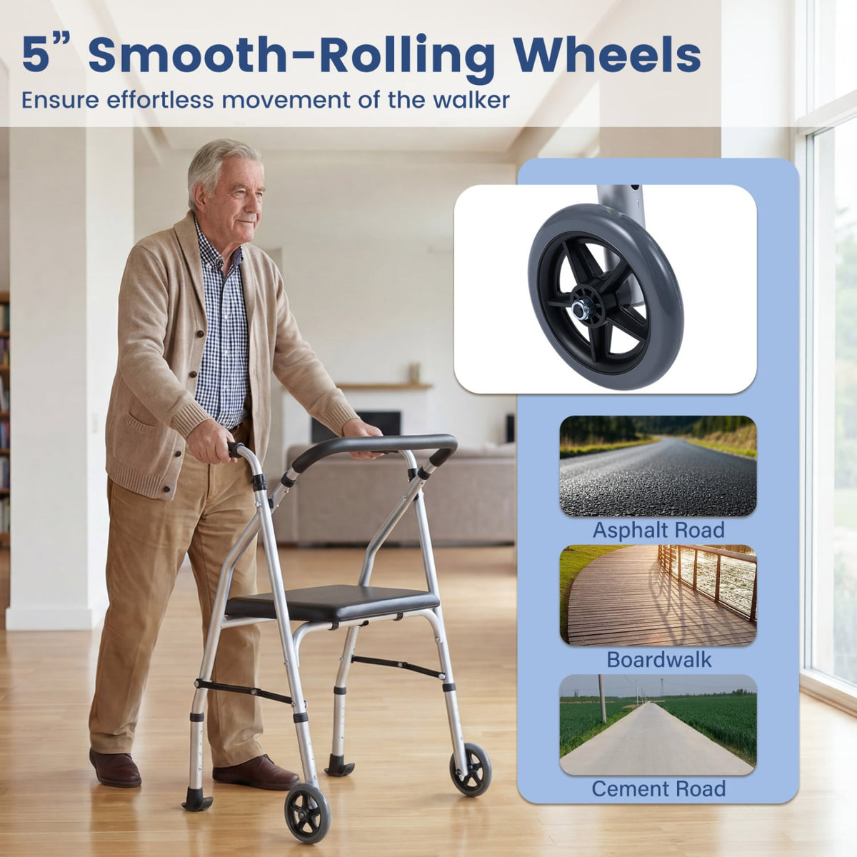 Lightweight Aluminum Mobility Walker for Seniors with 2 Wheels 5-Level Adjustable Height and Padded Seat-Sliver view 7
