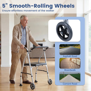 Lightweight Aluminum Mobility Walker for Seniors with 2 Wheels 5-Level Adjustable Height and Padded Seat-Sliver view 7