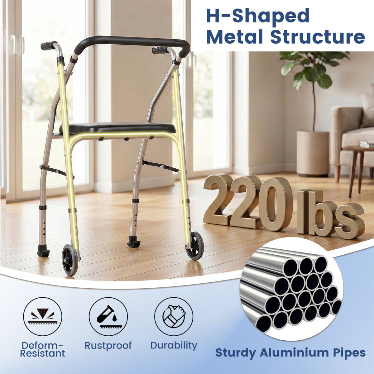 Lightweight Aluminum Mobility Walker for Seniors with 2 Wheels 5-Level Adjustable Height and Padded Seat-Sliver view 8