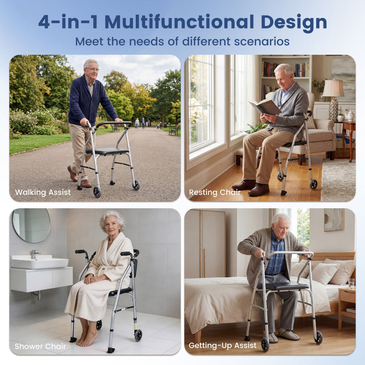 Lightweight Aluminum Mobility Walker for Seniors with 2 Wheels 5-Level Adjustable Height and Padded Seat-Sliver view 9