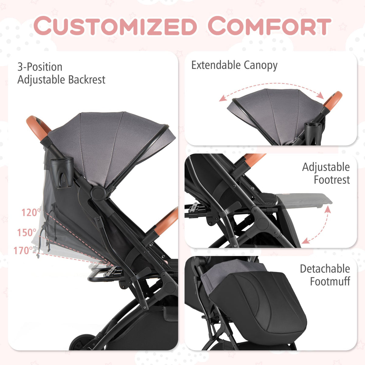 Lightweight Baby Stroller Compact Travel Stroller with One-Hand Folding-Gray view 7
