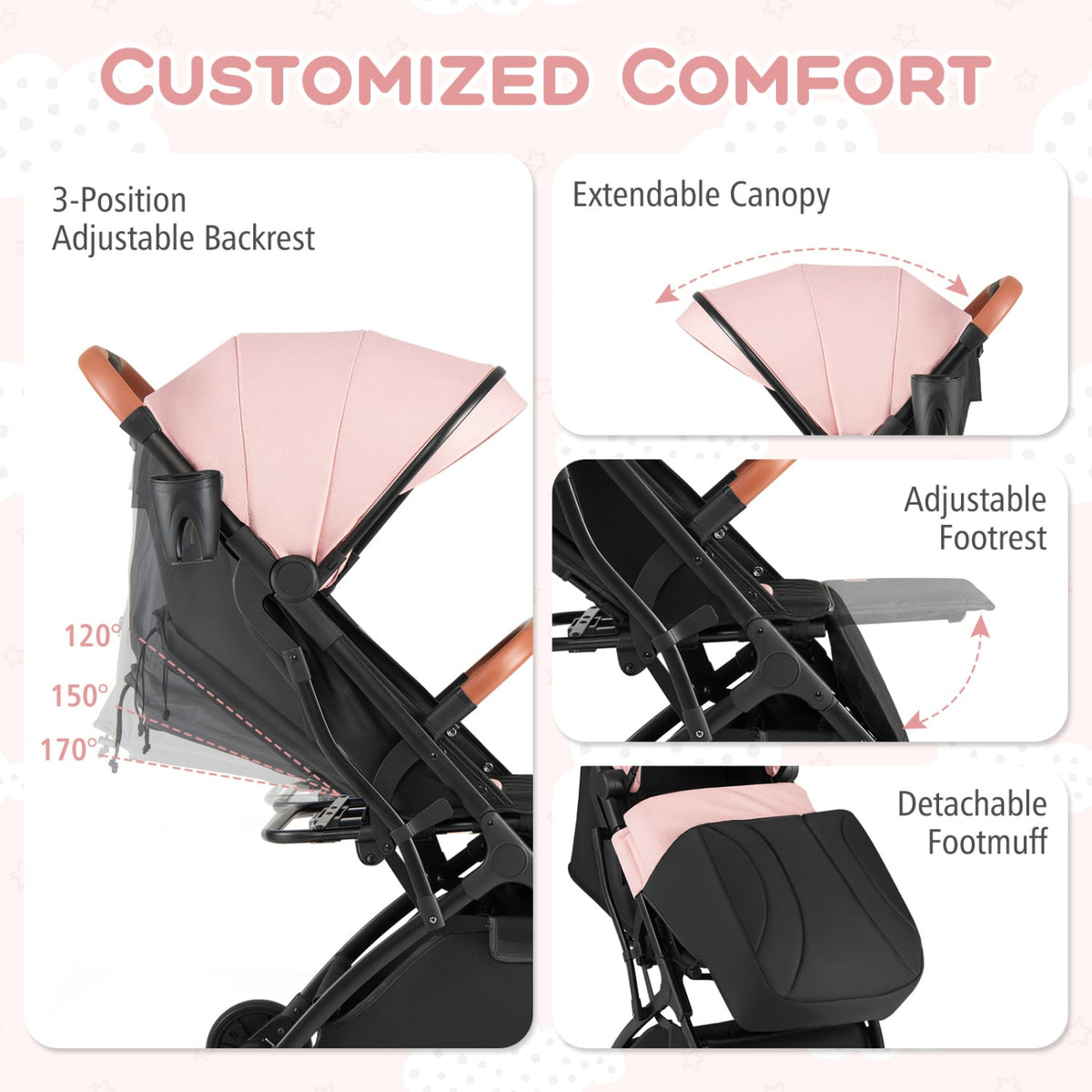Lightweight Baby Stroller Compact Travel Stroller with One-Hand Folding-Pink view 7
