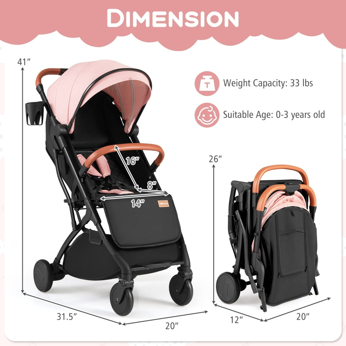 Lightweight Baby Stroller Compact Travel Stroller with One-Hand Folding-Pink view 5