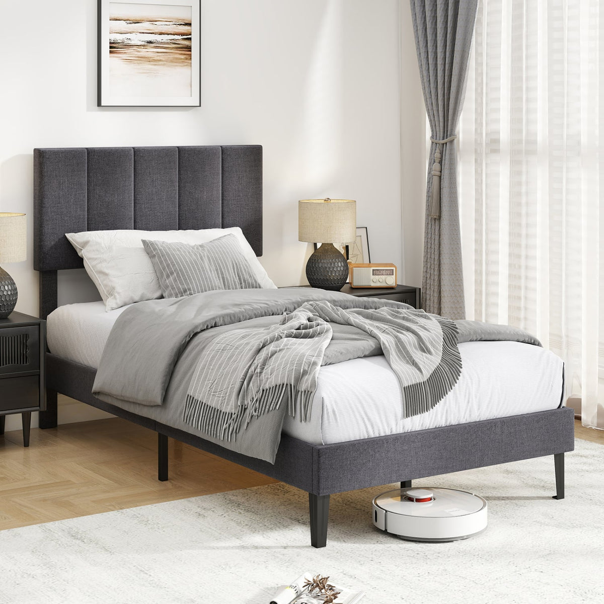 Linen Upholstered Platform Bed with Height Adjustable Vertical Channel Headboard-Twin Size view 3