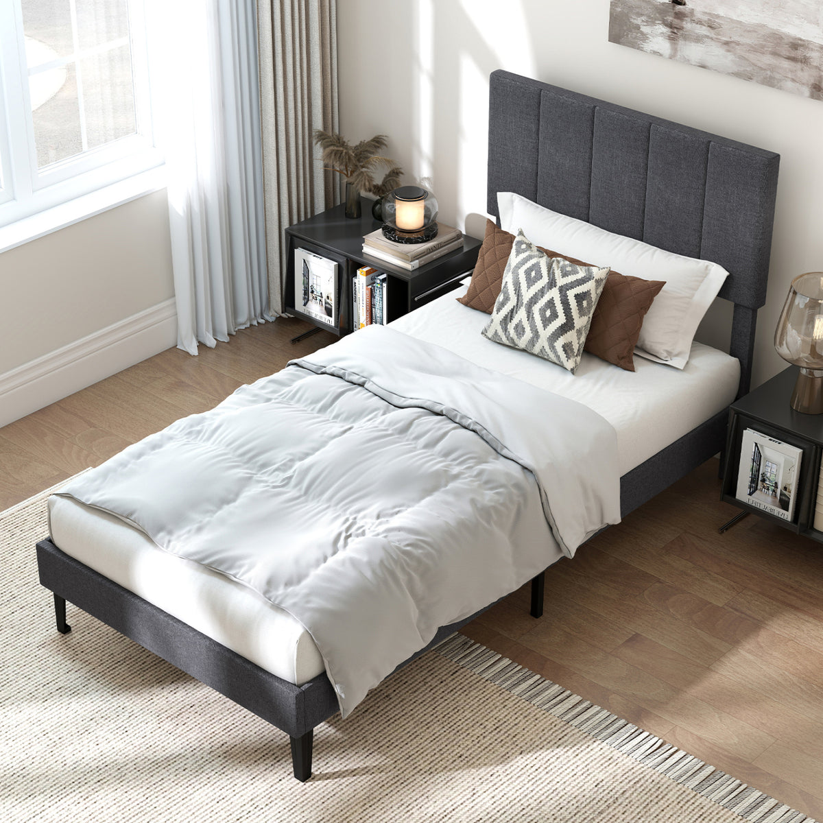 Linen Upholstered Platform Bed with Height Adjustable Vertical Channel Headboard-Twin Size view 2