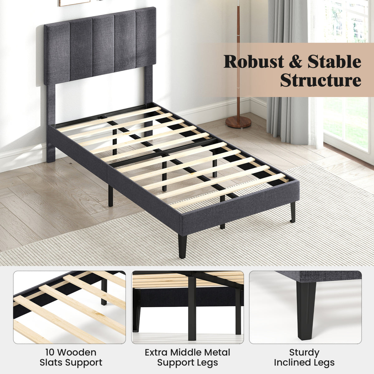 Linen Upholstered Platform Bed with Height Adjustable Vertical Channel Headboard-Twin Size view 8