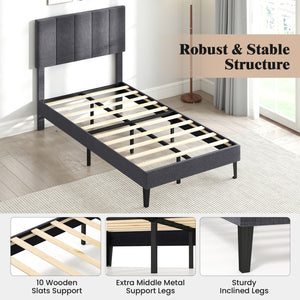 Linen Upholstered Platform Bed with Height Adjustable Vertical Channel Headboard-Twin Size view 8