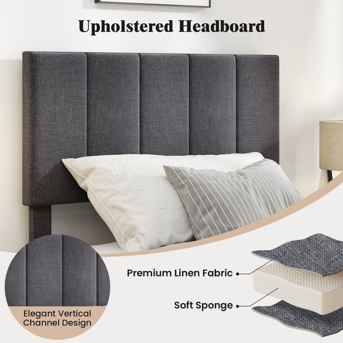 Linen Upholstered Platform Bed with Height Adjustable Vertical Channel Headboard-Twin Size view 6