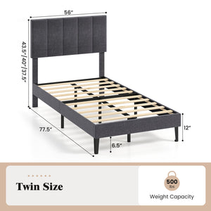Linen Upholstered Platform Bed with Height Adjustable Vertical Channel Headboard-Twin Size view 5