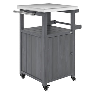 Grill Table with Stainless Steel Top, Pizza Oven Table with Storage Cabinet, Spice Rack, Wheels, Handle, Dark Grey