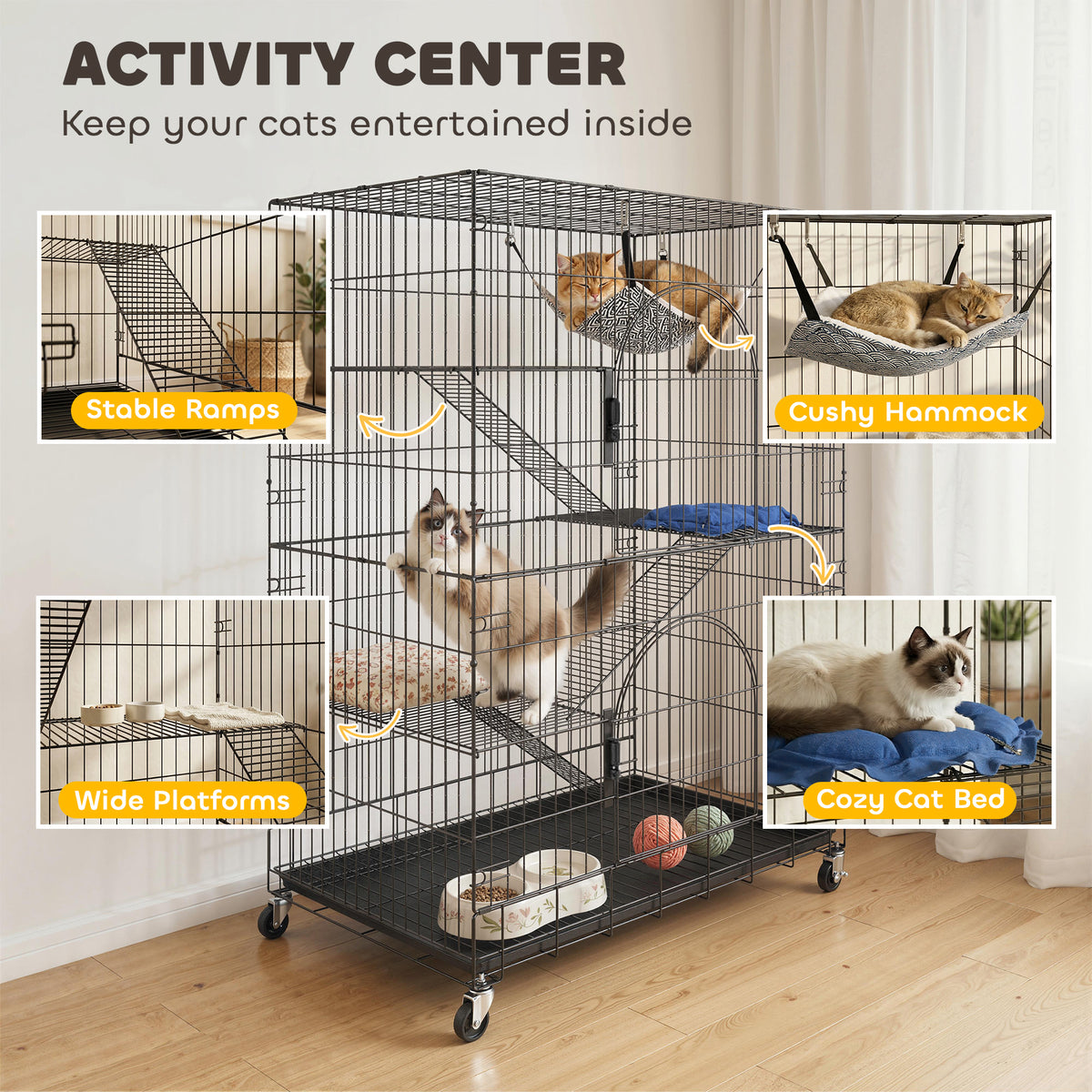 4-Tier Cat Cage, Large Cat Enclosure with Lockable Wheels, Tray, Hammock, Bed, 3 Ramp, 3 Platforms for 3-5 Kittens