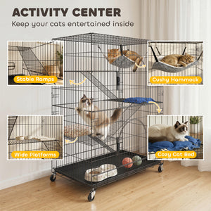 4-Tier Cat Cage, Large Cat Enclosure with Lockable Wheels, Tray, Hammock, Bed, 3 Ramp, 3 Platforms for 3-5 Kittens