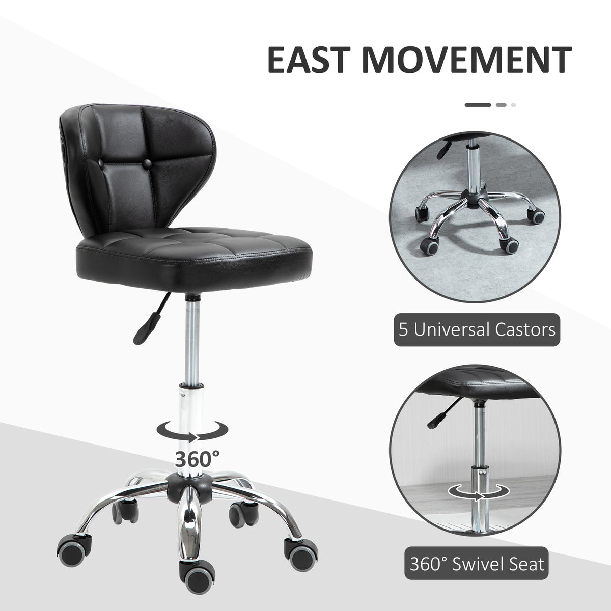 Height Adjustable Salon Stool, PU Leather Rolling Stool with Back, Wheels for Beauty, Spa, Tattoo, Home Office, Black