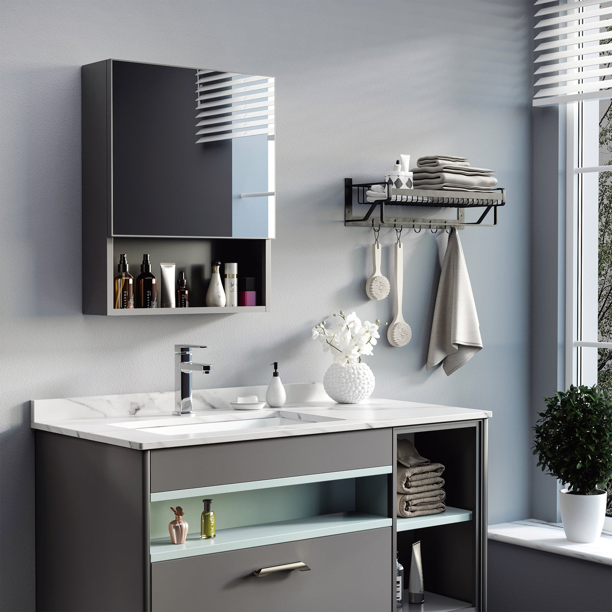 Bathroom Medicine Cabinet, Wall-Mounted Mirror Cabinet with Single Door, Storage Shelves and Stainless Steel Frame for Laundry Room, Black