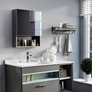 Bathroom Medicine Cabinet, Wall-Mounted Mirror Cabinet with Single Door, Storage Shelves and Stainless Steel Frame for Laundry Room, Black