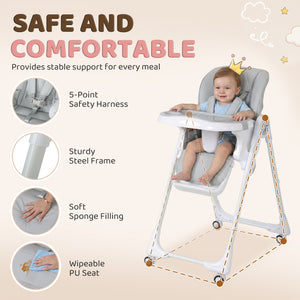 Qaba High Chair with Wheels, Double Tray, Foldable Baby Seat with Adjustable Seat Height, Backrest, Footrest and Tray, Grey