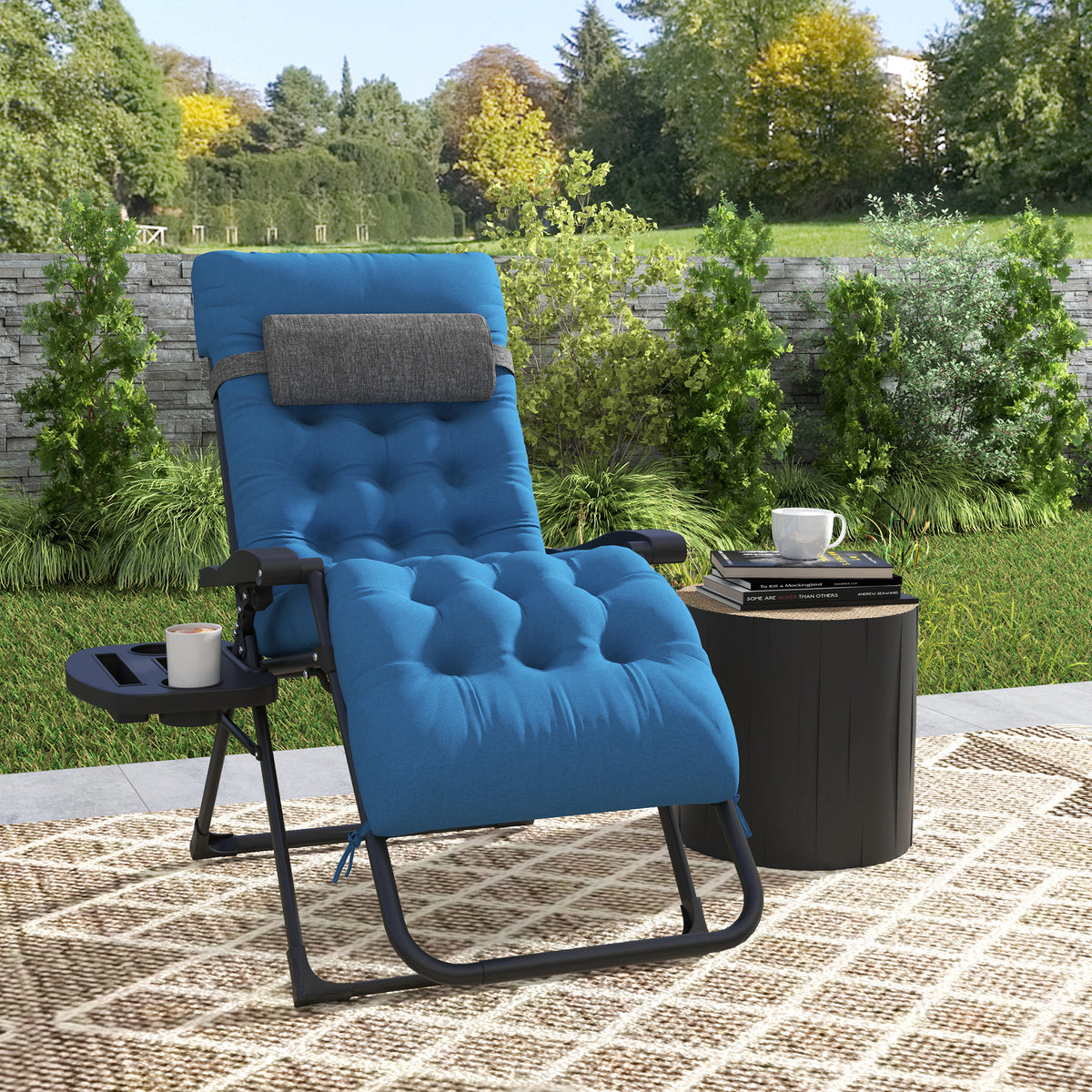 Padded Folding Recliner Chair, Patio Lounger with Cupholder, Adjustable Backrest, Removable Cushion, Black – view 35