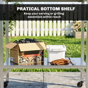 Outdoor Grill Cart with Stainless Steel Tabletop, Pizza Oven Stand with Shelf, Lockable Wheels, Rolling BBQ Table