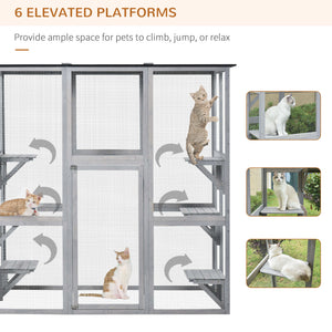 Large Outdoor Catio Enclosure, Weatherproof Cat House with Asphalt Roof,  Wooden Cat Patio Cage with 6 Balanced Platforms, 71" x 39" x 71", Grey