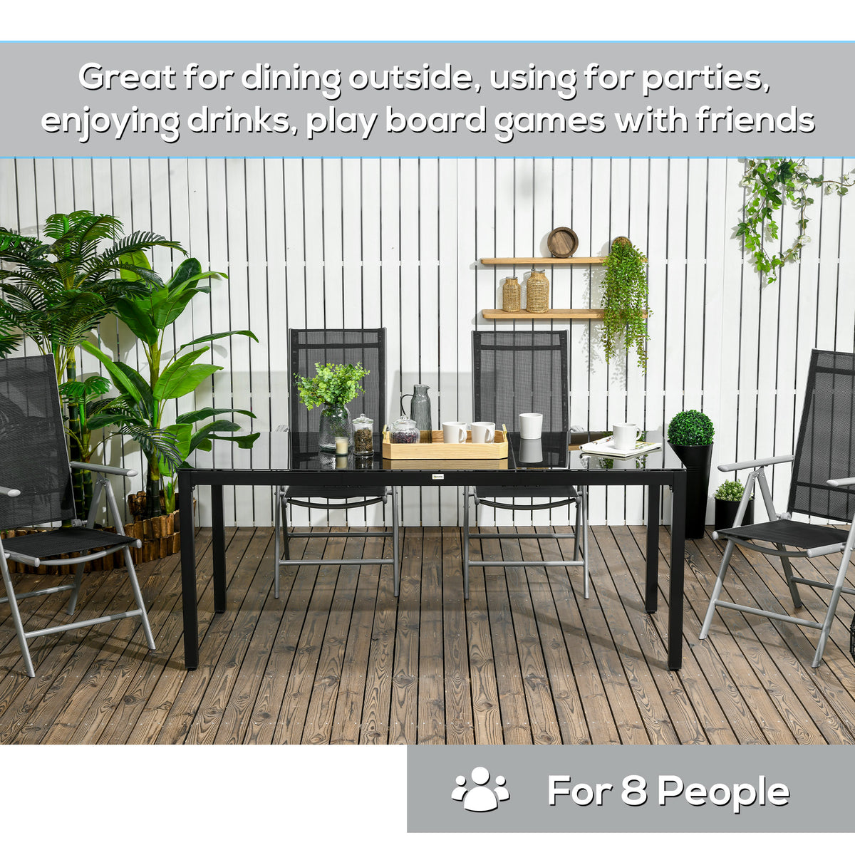 Rectangular Outdoor Dining Table for 8 People with Tempered Glass Top and Aluminum Frame, Black 70.9" x 31.5" x 28.3"