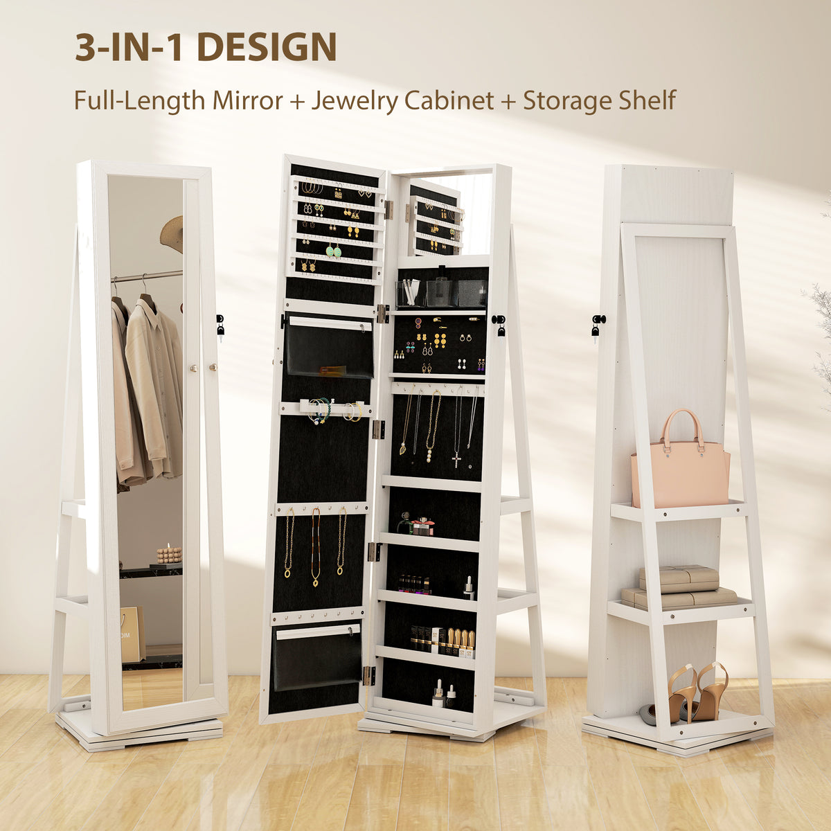 360° Swivel Jewelry Armoire, Lockable Mirror Jewelry Cabinet with Built-In Small Mirror, White – view 3
