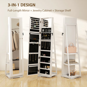 360° Swivel Jewelry Armoire, Lockable Mirror Jewelry Cabinet with Built-In Small Mirror, White – view 3