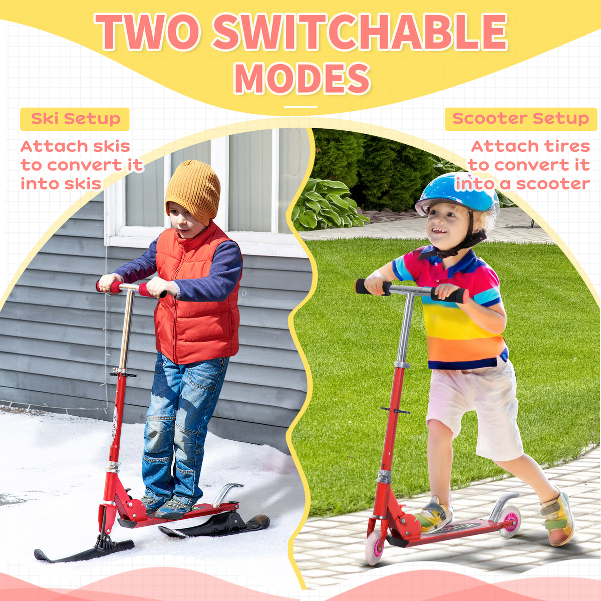Qaba Snow Scooter, 2 in 1 Design Adjustable Height Scooter Snow Sled for Kids Aged Over 7 Years Old, Foldable Kids Sled Ski Scooter with Wheels Blades