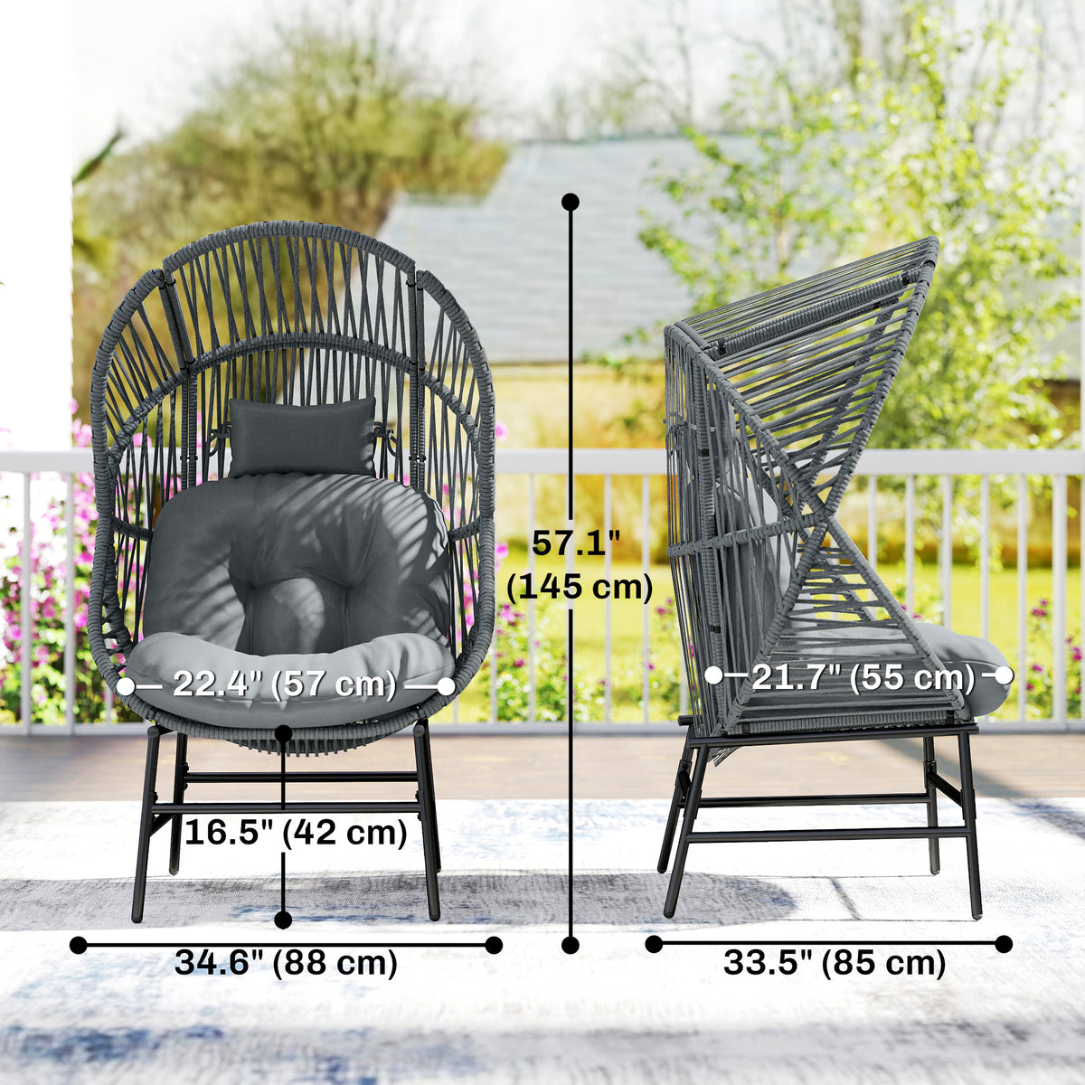 Wicker Egg Chair, 330 lbs Outdoor Rattan Lounge Chair with Thick Cushion, Headrest, Steel Frame, Dark Grey