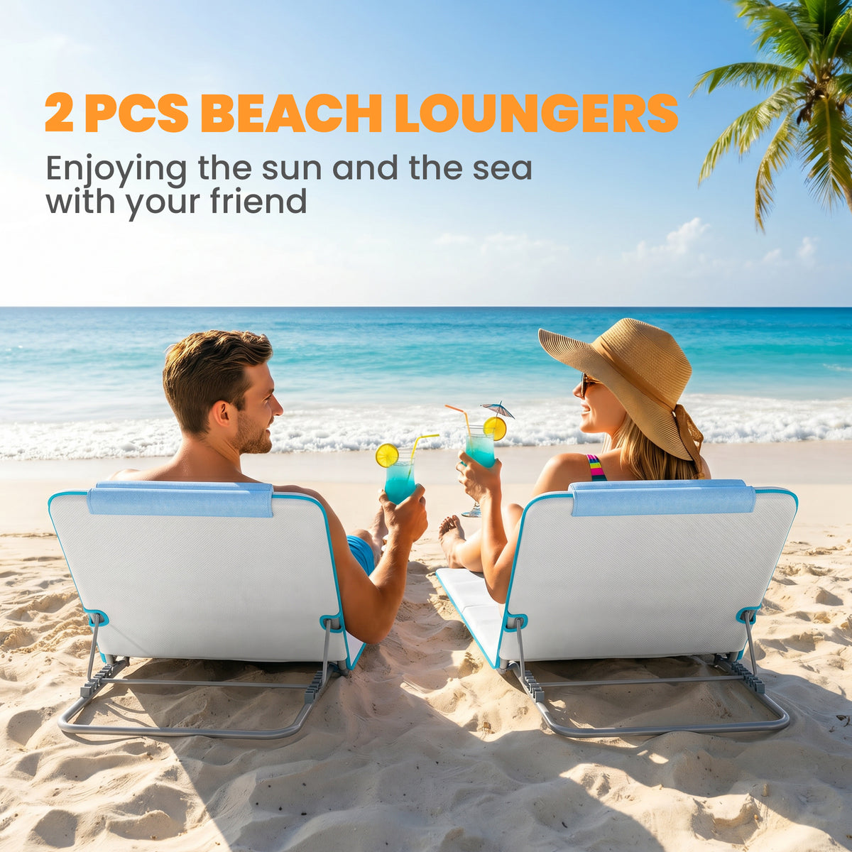 2 Pieces Beach Lounge Chair, Outdoor Folding Chaise Lounge Set w/ Pillow for Sunbath, Snap, Beige – view 3