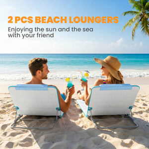 2 Pieces Beach Lounge Chair, Outdoor Folding Chaise Lounge Set w/ Pillow for Sunbath, Snap, Beige – view 3