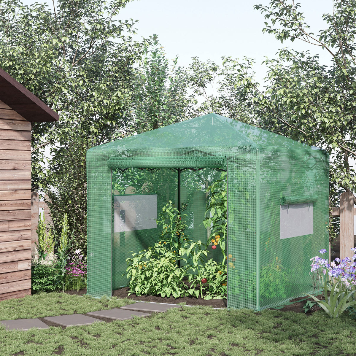 Portable Pop Up Greenhouse, Outdoor Walk-in Hot House with Roll-up Door & 2 Windows, 8' x 6' , Green