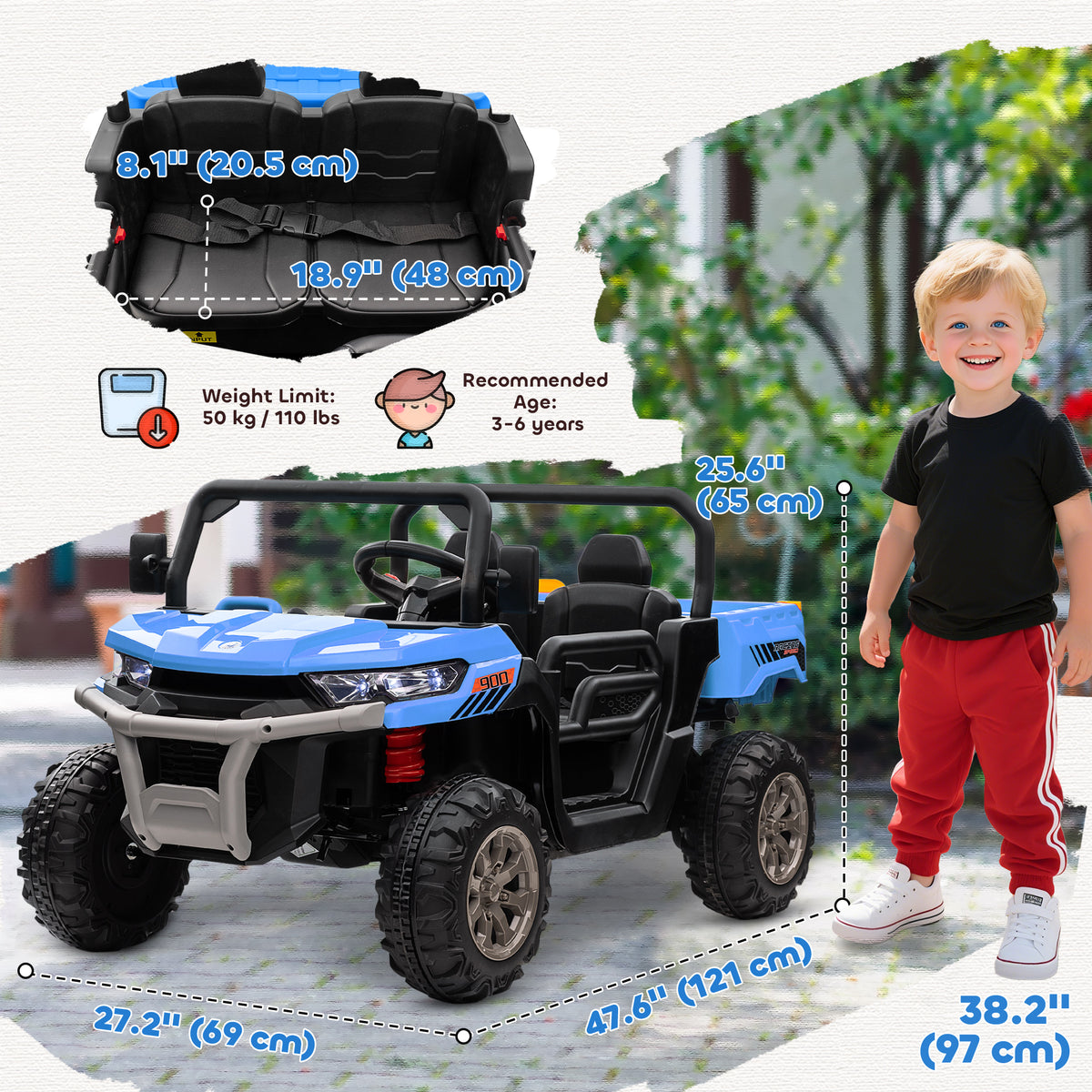 Aosom 12V Ride on Car with Electric Bucket, Two-Seater, Shovel, Remote Control, Spring Suspension, Horn, Music