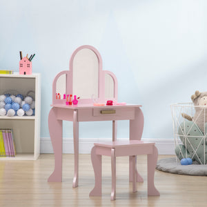 Qaba Kids Dressing Table and Chair Set, Girls Dressing Set, Makeup Desk with Drawer for 3-6 Years Old Kids
