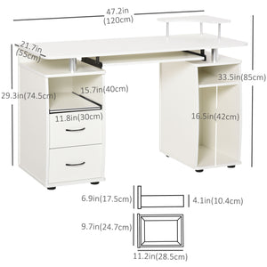 Computer Desk with Keyboard Tray, Home Office Desk with Drawers, CPU Stand, Printer Stand and Open Shelves, Writing Workstation for Study, White