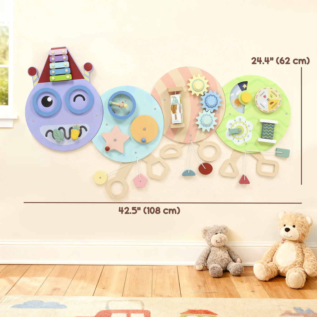 Qaba Caterpillar Montessori Busy Board, 7 in 1 Sensory Wall for Playroom Nursery Classroom, for Toddlers 3+ Years