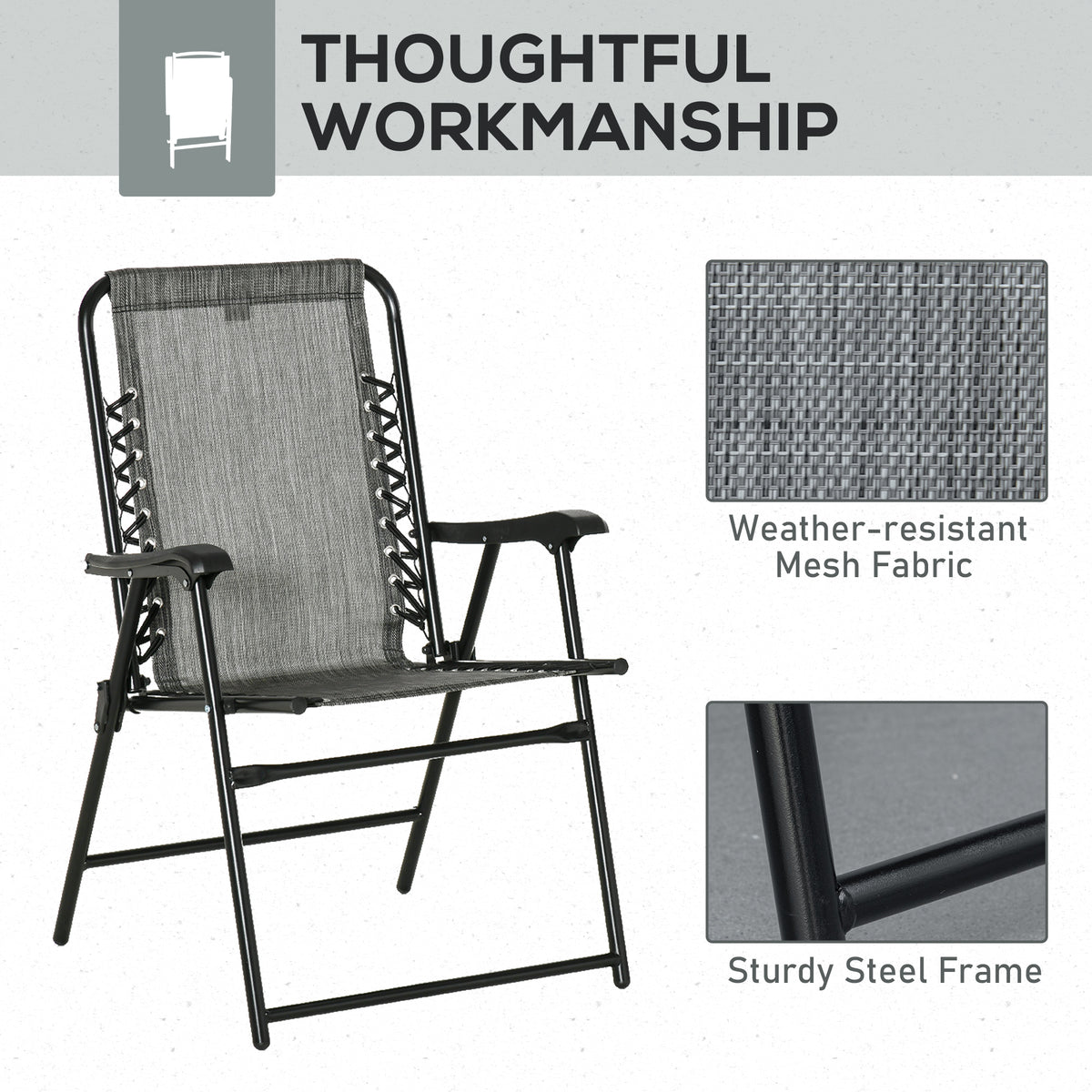 2 Pieces Outdoor Folding Patio Chair Set, Portable Camping Chairs with Armrests for Garden, Patio, Pool, Beach, Grey