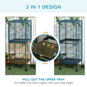 55.1" 2 In 1 Bird Cage Aviary Parakeet House for finches, budgies with Wheels, Slide-out Trays, Wood Perch, Food Containers, Black