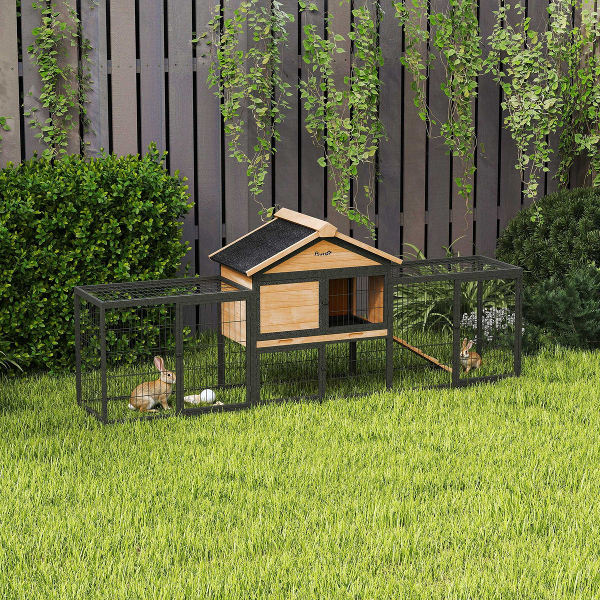 Rabbit Hutch Outdoor, 85"L Large Wooden Bunny Cage with Run Box, Removable Plastic Tray, Asphalt Roof, Ramp, Yellow
