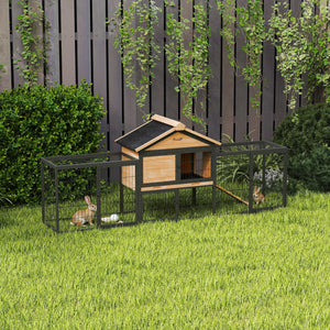 Rabbit Hutch Outdoor, 85"L Large Wooden Bunny Cage with Run Box, Removable Plastic Tray, Asphalt Roof, Ramp, Yellow
