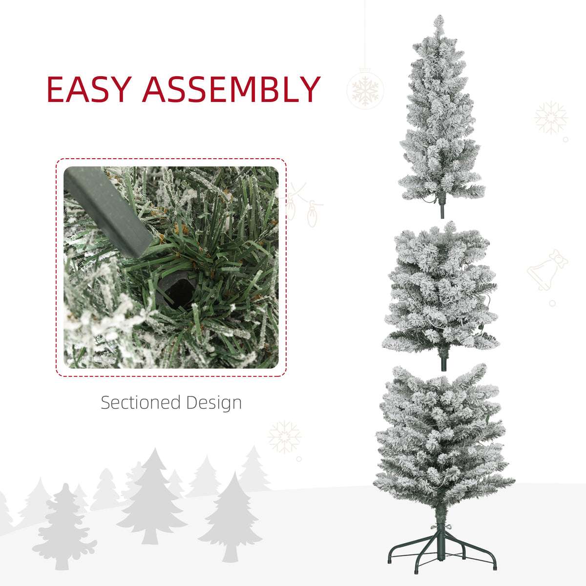 5ft Artificial Prelit Christmas Tree with Warm White LED Light, Snow Flocked Branches, Metal Base, Pencil Xmas Tree