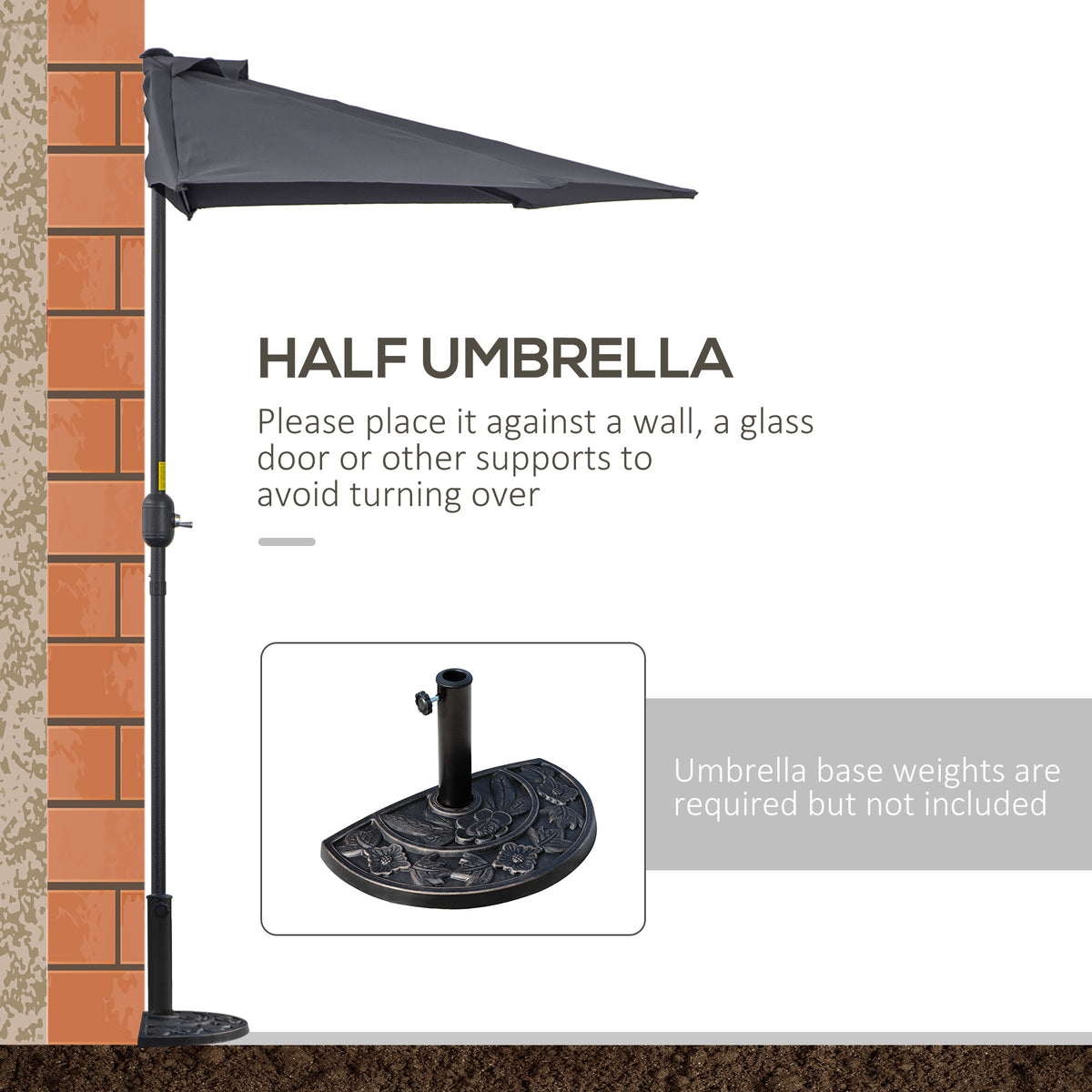 9.8ft Half Umbrella Semi Round Patio Parasol with Crank Handle, Top Vent for Garden – view 20