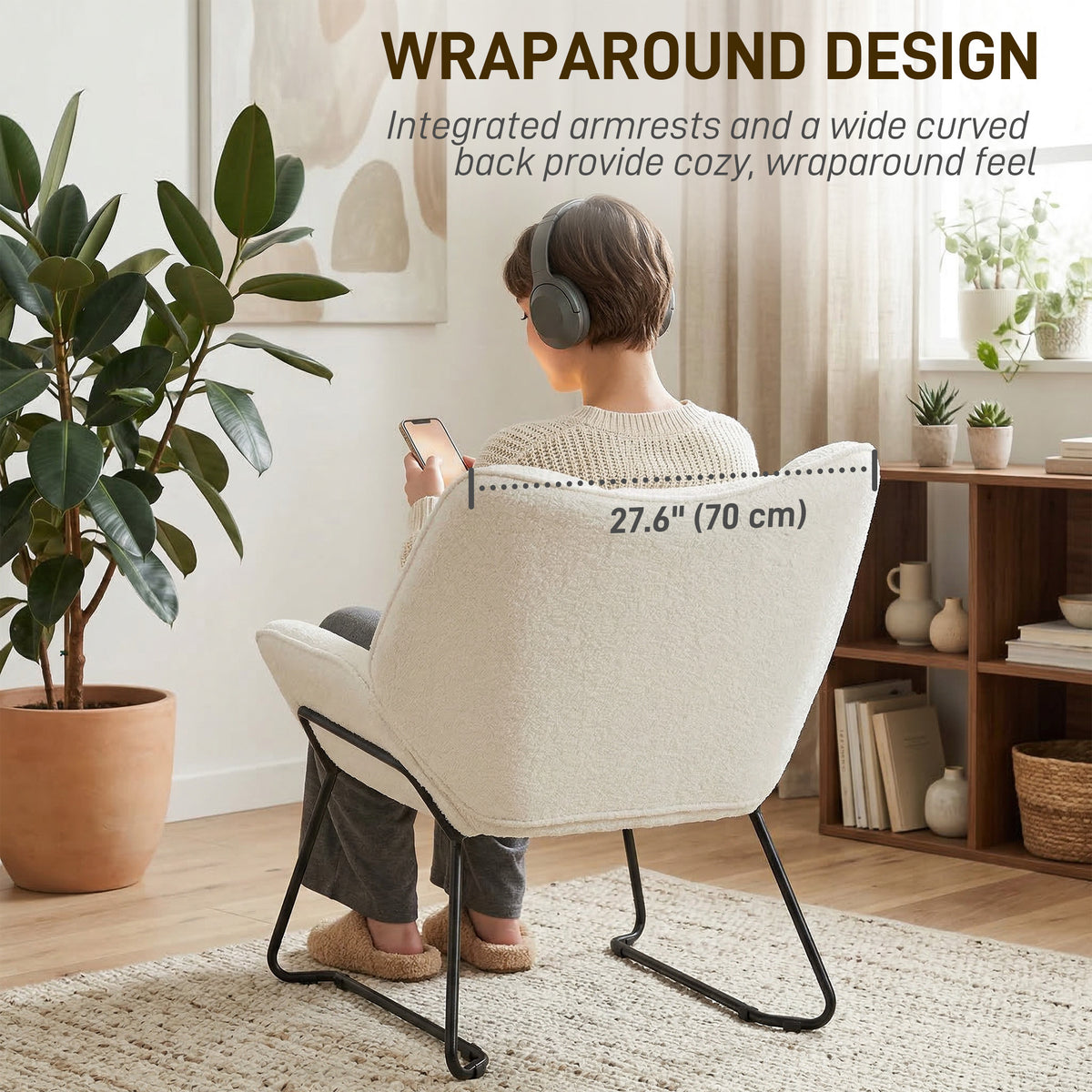 Accent Chair, Sherpa Fleece Armchair with Wide Backrest and Metal Legs, White
