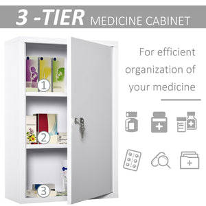 Wall Mount Medicine Cabinet 3 Tier Steel Emergency Box for Bathroom, Lockable with 2 Keys, White