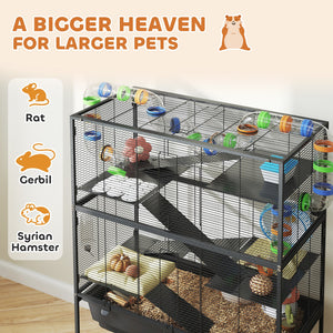 3 Tier Rolling Hamster Cage with 7" Deep Tray, Storage Shelf, Big Exercise Wheel, Tube System, for Syrian, Gerbil, Rat