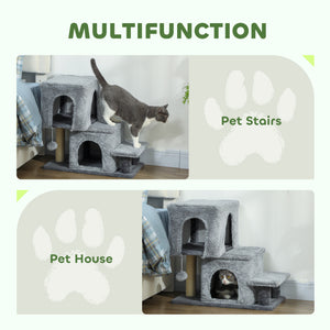 4-Step Pet Stairs, Adjustable Height Cat Stairs with Scratching Posts Cat Condo, Hanging Ball for High Bed, Grey