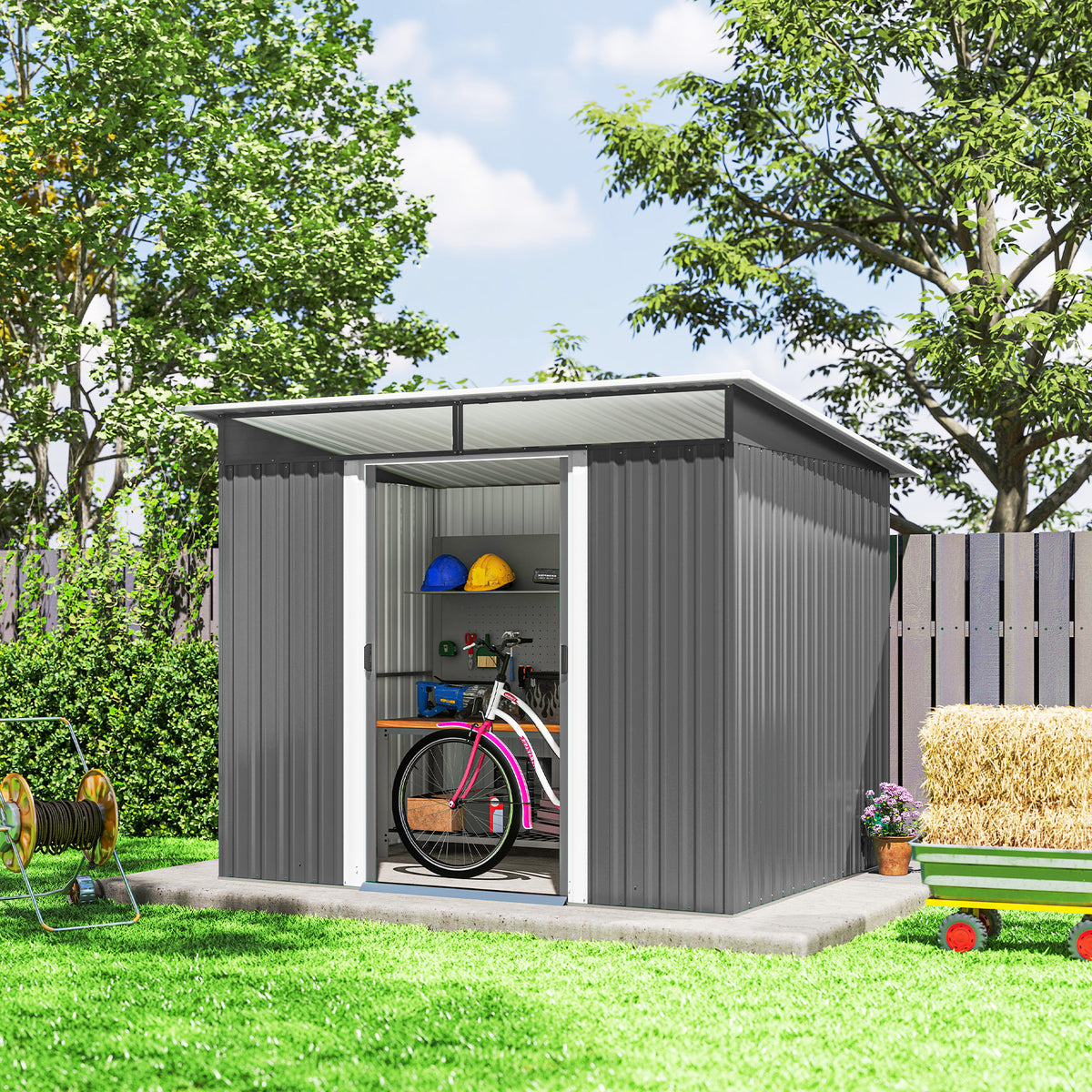 8.5' x 6' Small Gardening Shed Lockable Steel Utility Storage Outdoor Backyard Garden for Gardeners, Grey – view 6