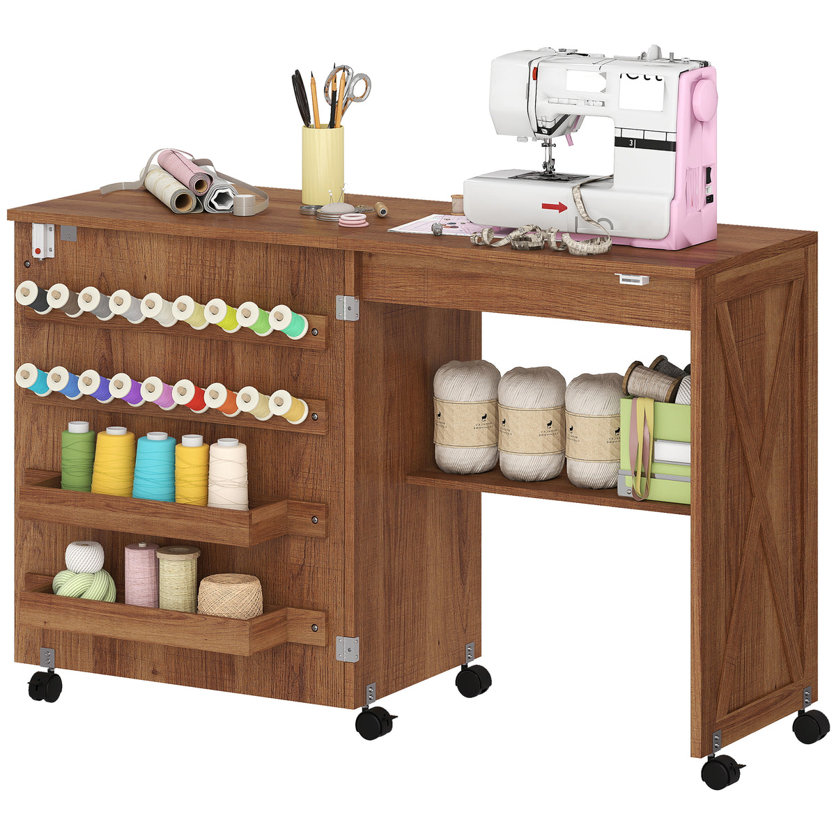 Sewing Machine Table on Wheels, Folding Craft Table with 2 Bins, Storage Shelf, 18 Pegs, Lockable Wheels