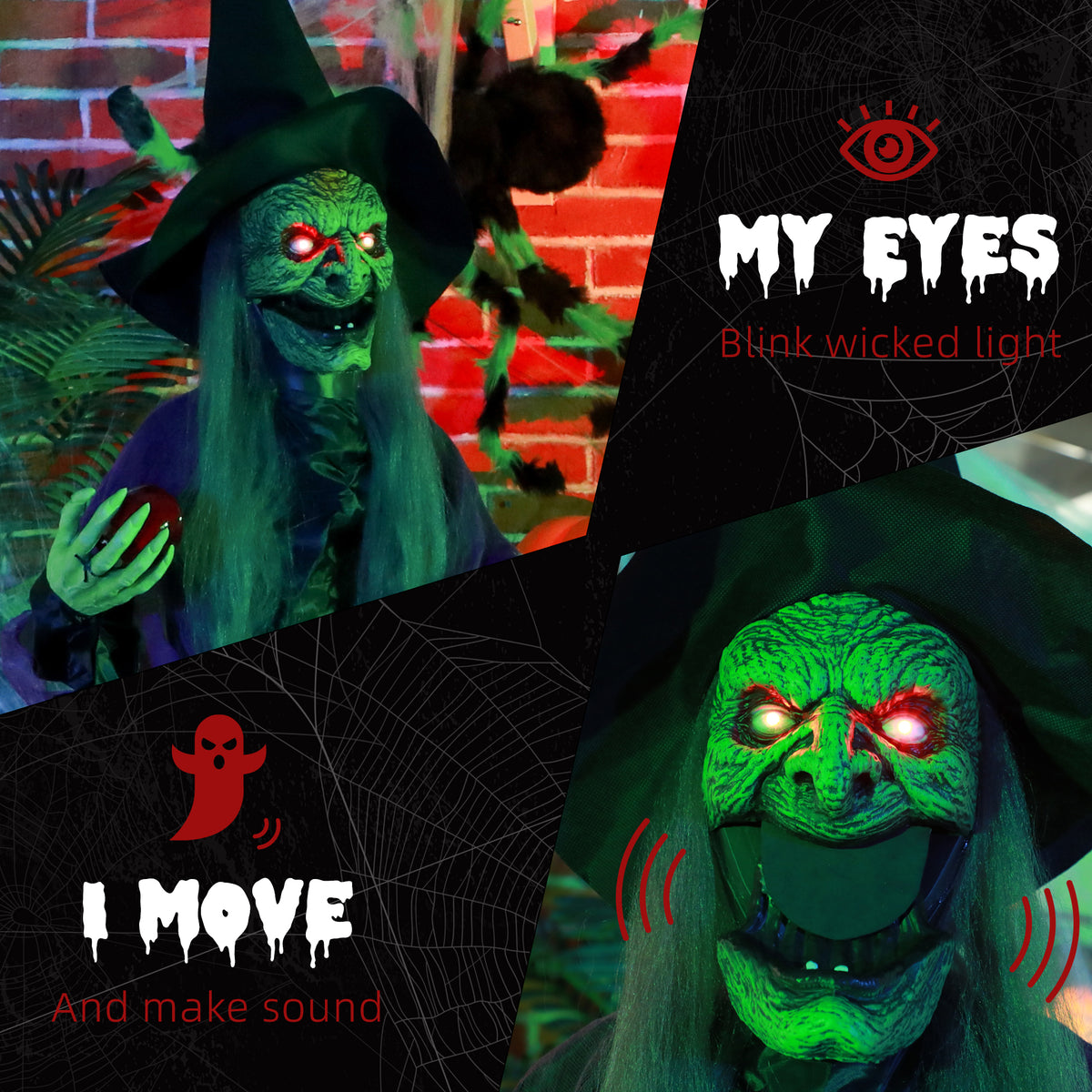 5.9' Life Size Decoration Animatronic Old Witch Outdoor Halloween, Sound and Motion Activated w/ Light Up Eyes